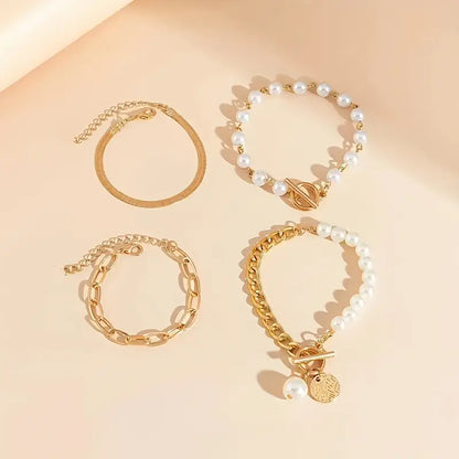 Chic Gold 4-Piece Bracelet Set – Snake, Pearls & Links | Gold